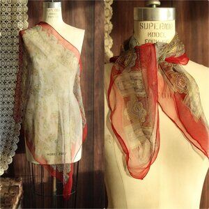 Vintage 1980s 1990s Silk Scarf, Square, Red Grey and Yellow Paisley Type Print